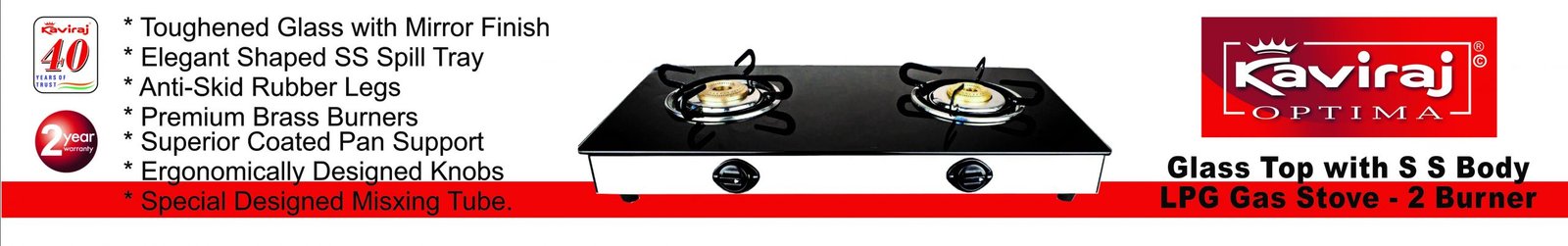 Kaviraj Optima 2 Burner LPG Glass Top - Image 2